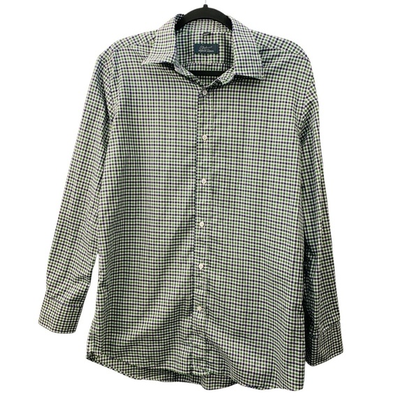 Bergdorf Goodman Dress Shirt Mens Large White Blue Green Plaid Button Down - Picture 1 of 9
